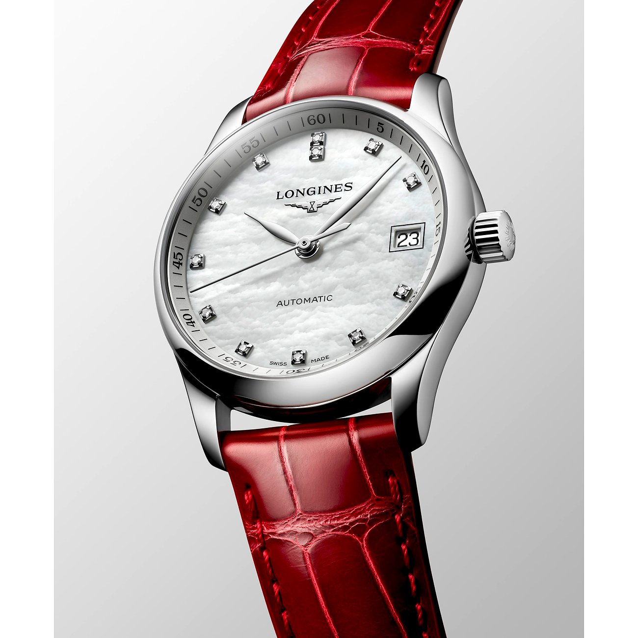 Longines Damenuhr aus Edelstahl mit Diamanten, rotem Lederarmband und Perlmuttzifferblatt mit Datumsanzeige.