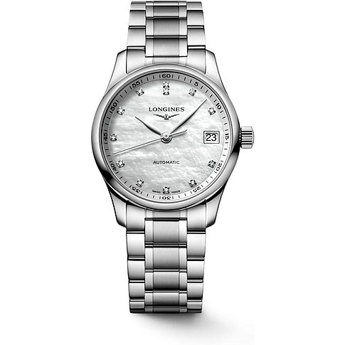 Longines Damenuhr aus Edelstahl mit Diamanten und Perlmutt-Zifferblatt.