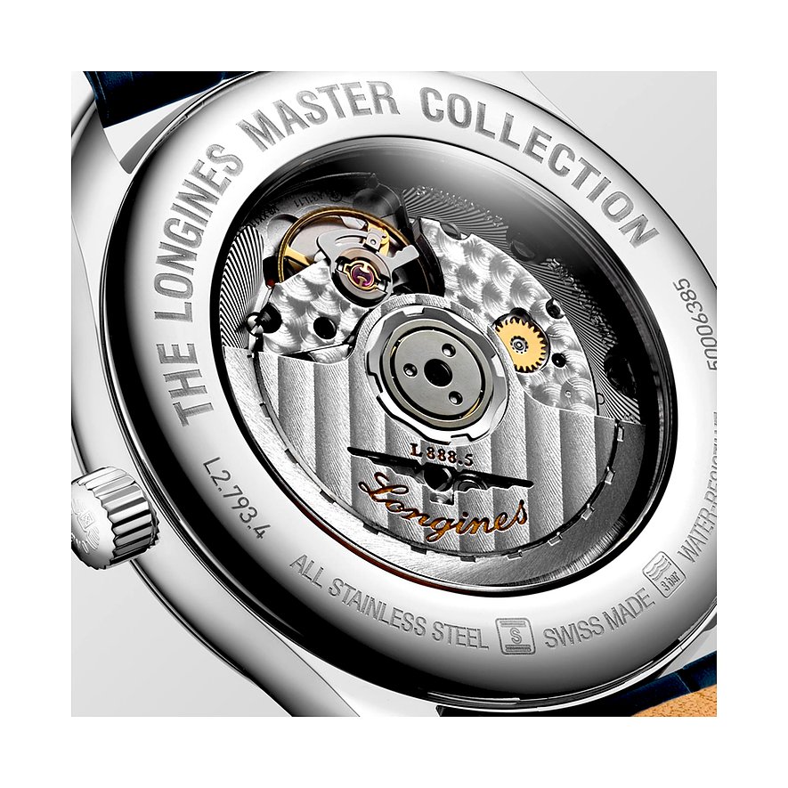 Rückseite einer Longines Herrenuhr aus Edelstahl, die das präzise Uhrwerk mit Zahnrädern und Hebeln zeigt.