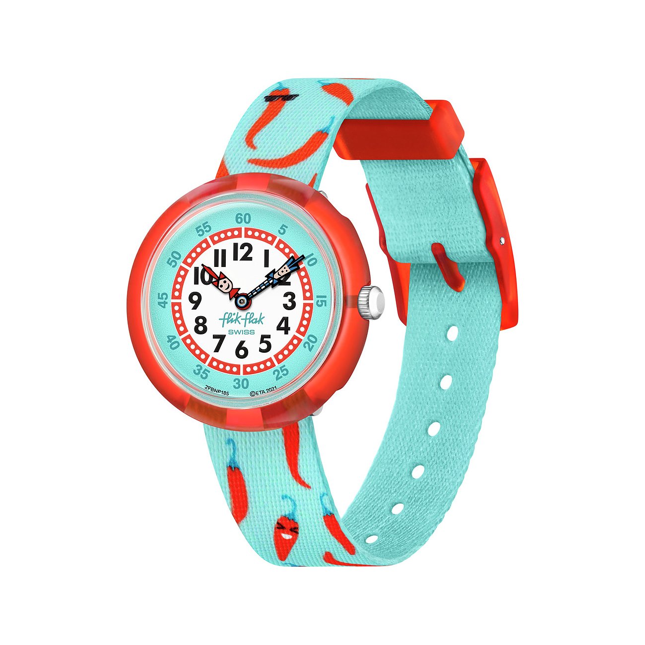 Montre Flik Flak enfant/jeune en plastique, avec un boîtier rouge et un bracelet bleu clair au design piment.