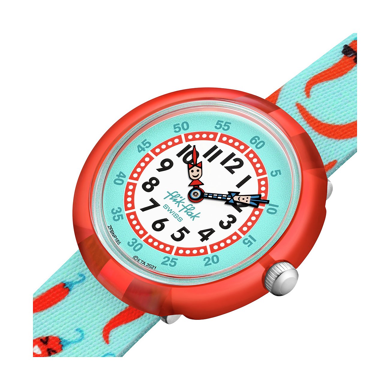 Gros plan d'une montre pour enfants Flik Flak en plastique avec boîtier rouge et cadran bleu clair.