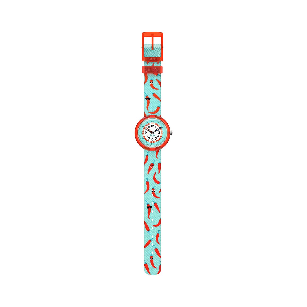 Une montre Flik Flak enfant et adolescent en plastique avec un boîtier rouge et un bracelet bleu clair à motif piment.