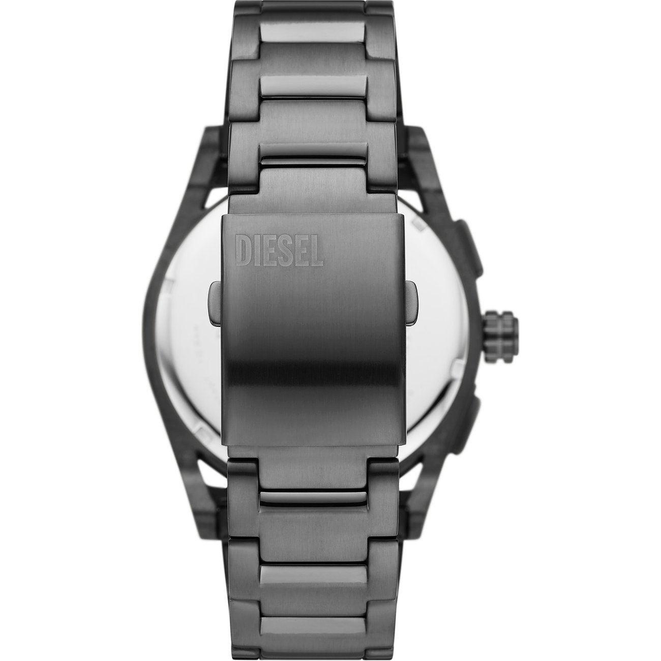 Rückansicht der Diesel Herrenuhr aus blau-grauem Edelstahl mit eingraviertem Diesel-Logo auf der Schließe.
