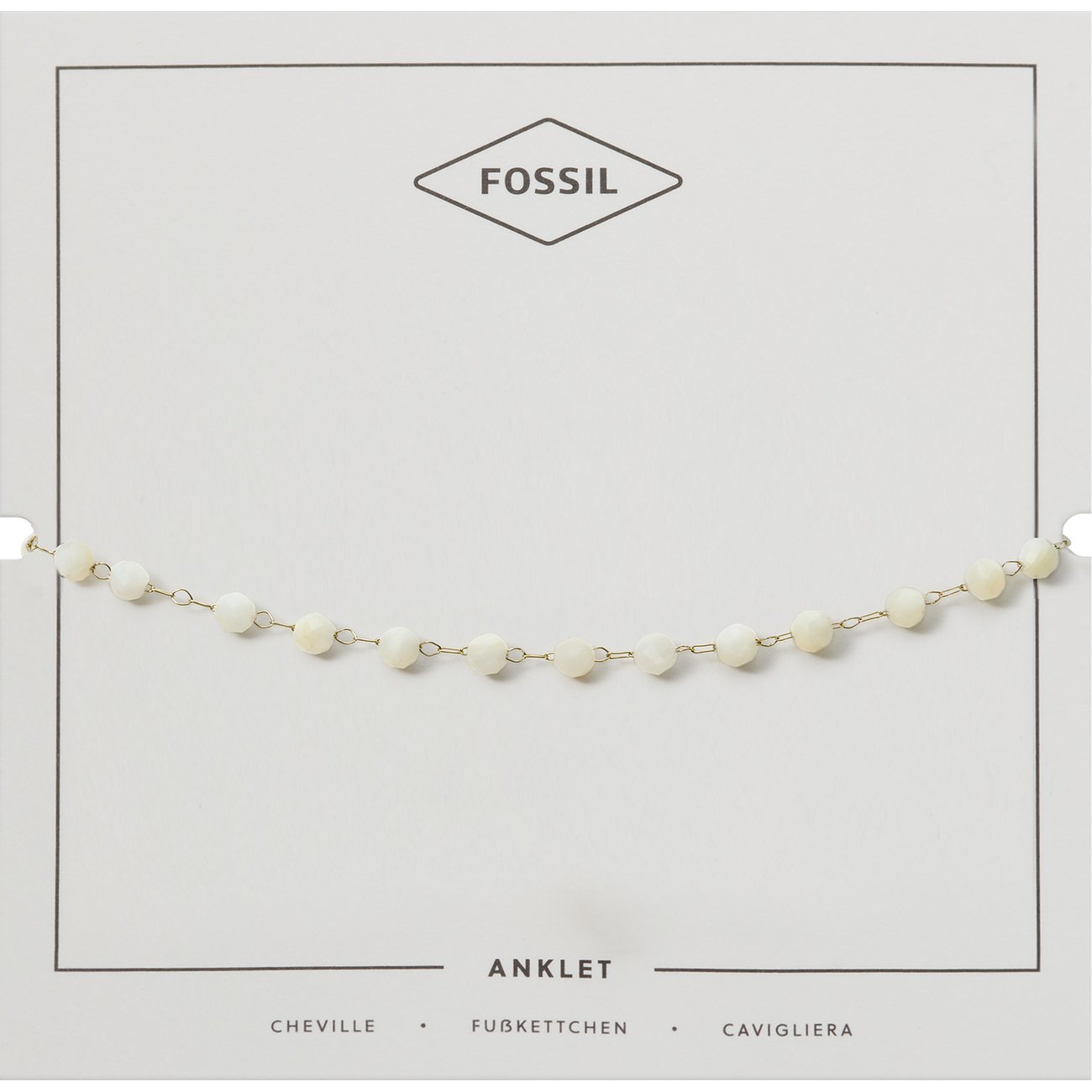 Fossil Fußkettchen aus goldfarbenem Edelstahl mit einer Reihe weißer Glassteinperlen, präsentiert auf einer weißen Karte.
