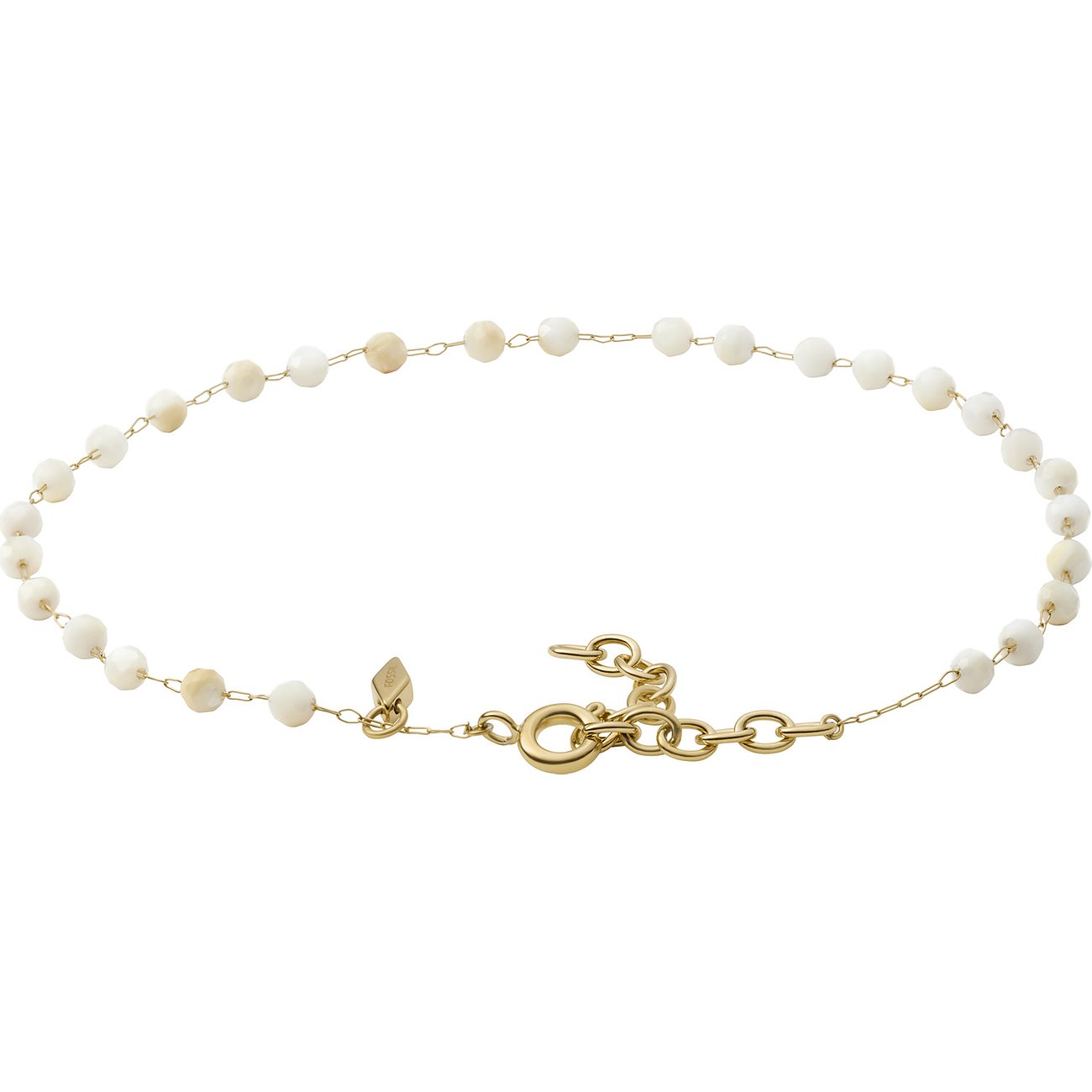 Fossil Armband aus goldfarbenem Edelstahl mit einer Reihe weißer Glassteine und Karabinerverschluss.