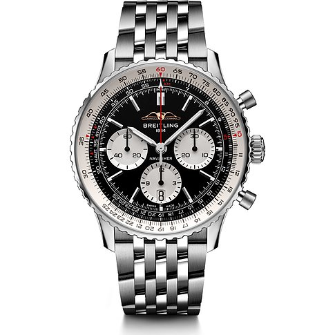 Breitling Herrenuhr aus Edelstahl, mit schwarzem Zifferblatt und silberfarbenen Chronographen-Zählern.