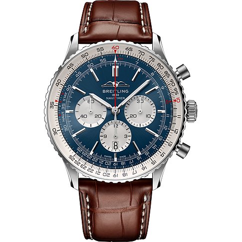 Breitling Herrenuhr mit Edelstahlgehäuse, blauem Zifferblatt und braunem Lederarmband.