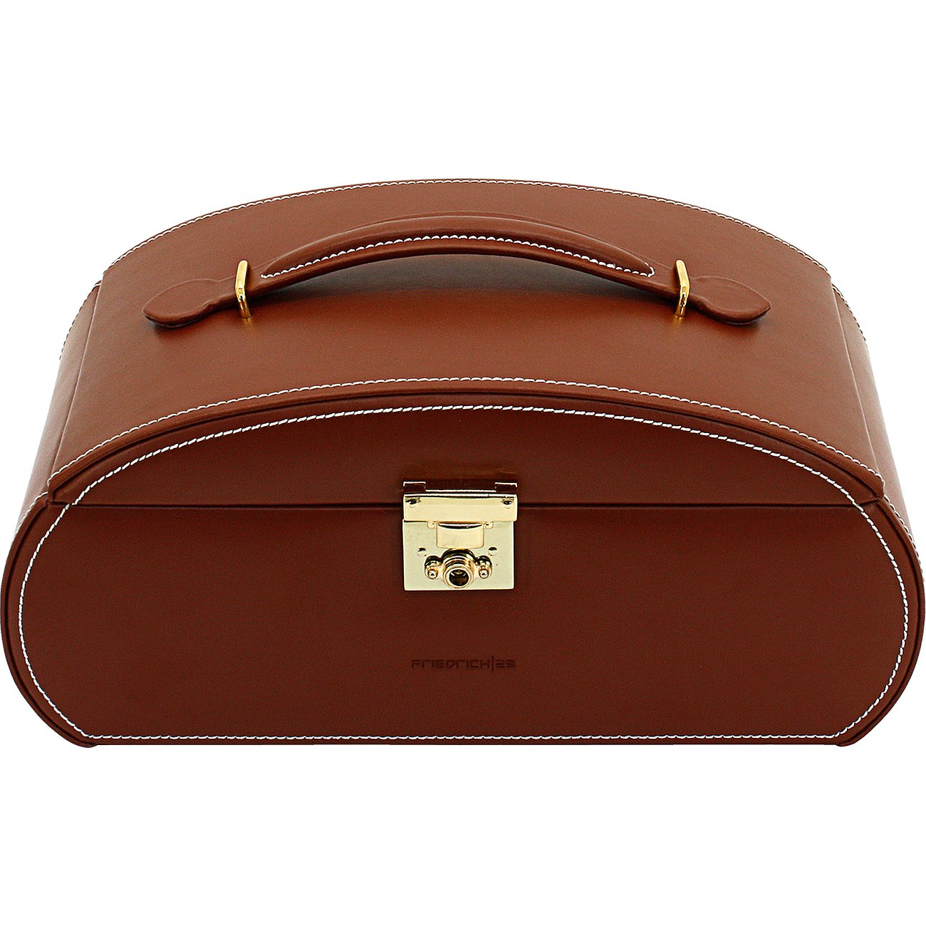 Friedrich23 Schmuckkoffer aus braunem Leder mit weißer Naht und goldfarbenem Verschluss.