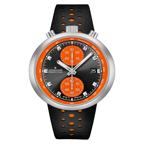 Junghans Herrenuhr mit Edelstahlgehäuse, schwarzem Zifferblatt und orangener Lünette.