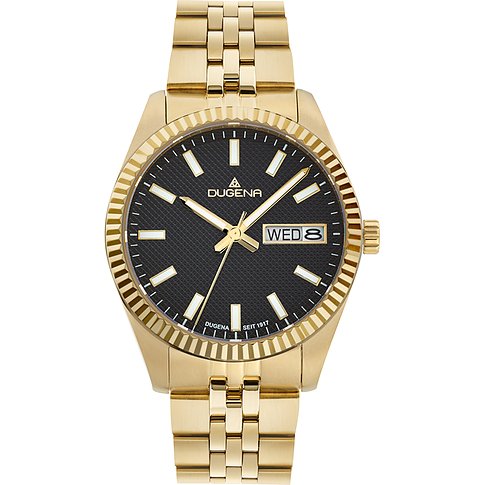 Dugena Herrenuhr mit Edelstahlgehäuse, schwarzem Zifferblatt und goldfarbenem Armband.