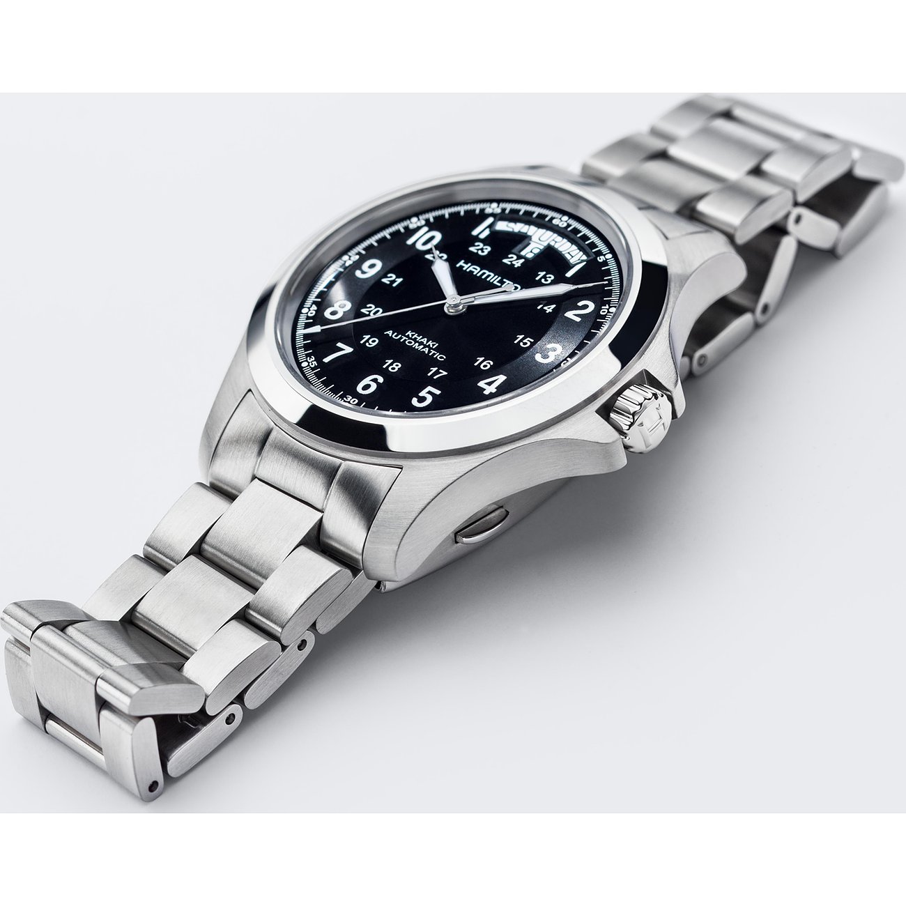 Hamilton Herrenuhr mit Edelstahlgehäuse, schwarzem Zifferblatt und Automatikwerk.