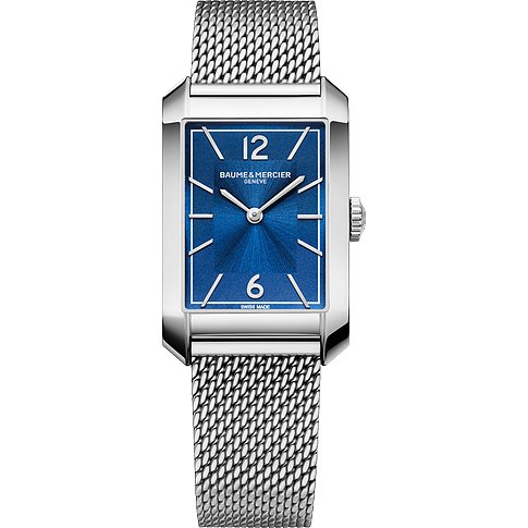 Baume & Mercier Herrenuhr mit Edelstahlgehäuse, blauem Zifferblatt und Mesh-Armband.