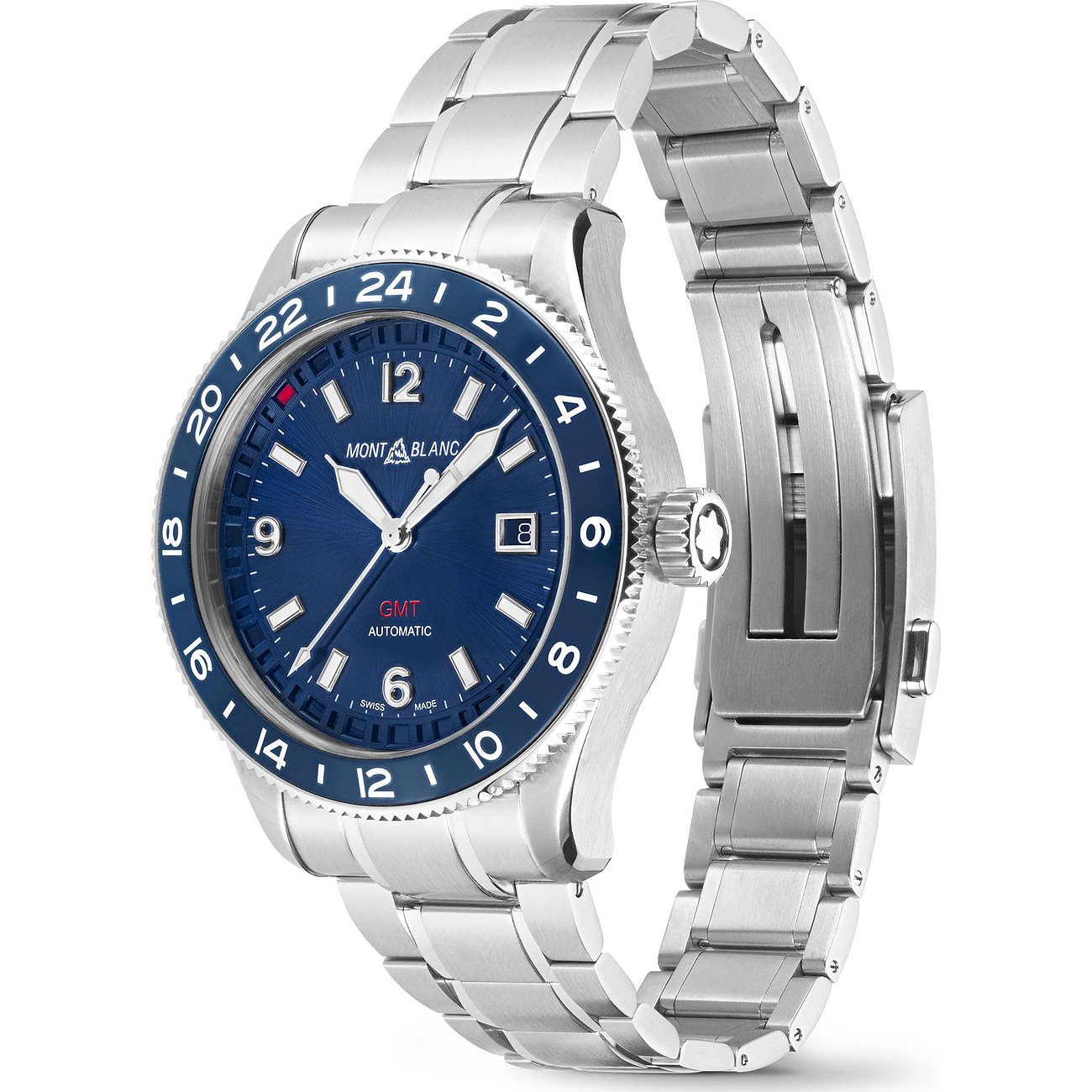 Eine Edelstahl Montblanc Herrenuhr mit blauem Zifferblatt und silberfarbenen Gliederarmband, schräg von oben aufgenommen.