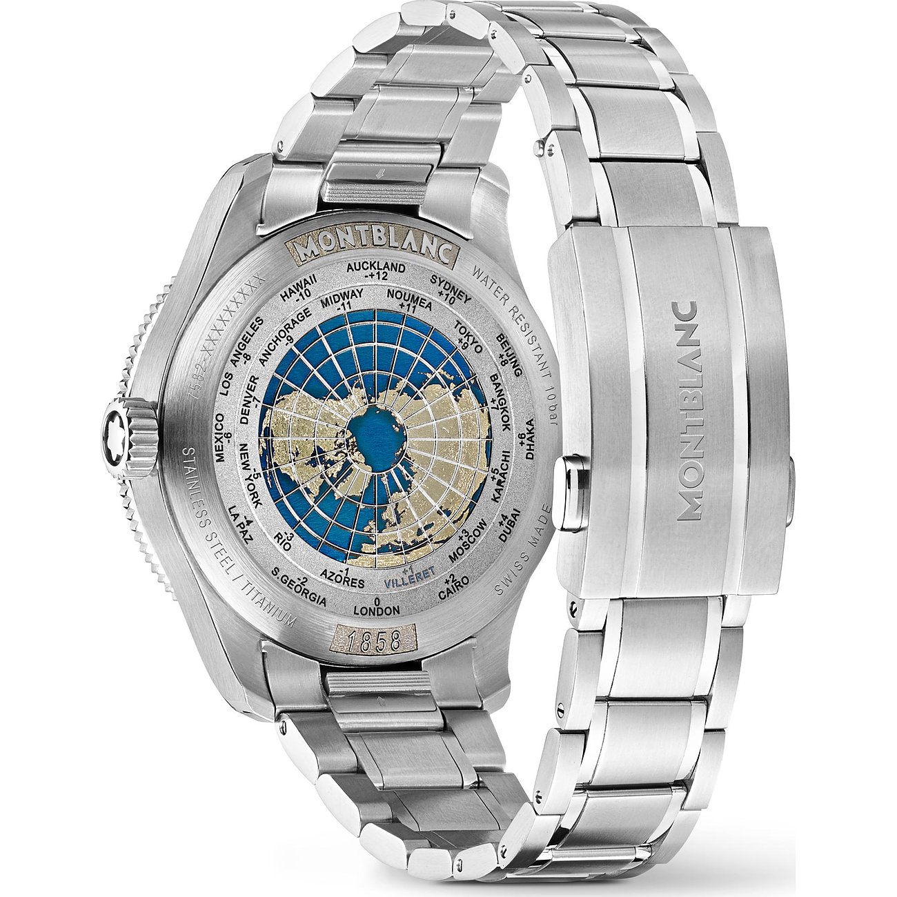 Rückseite einer Montblanc Herrenuhr aus Edelstahl mit Weltkarten-Gravur und Städtenamen auf dem Gehäuseboden.