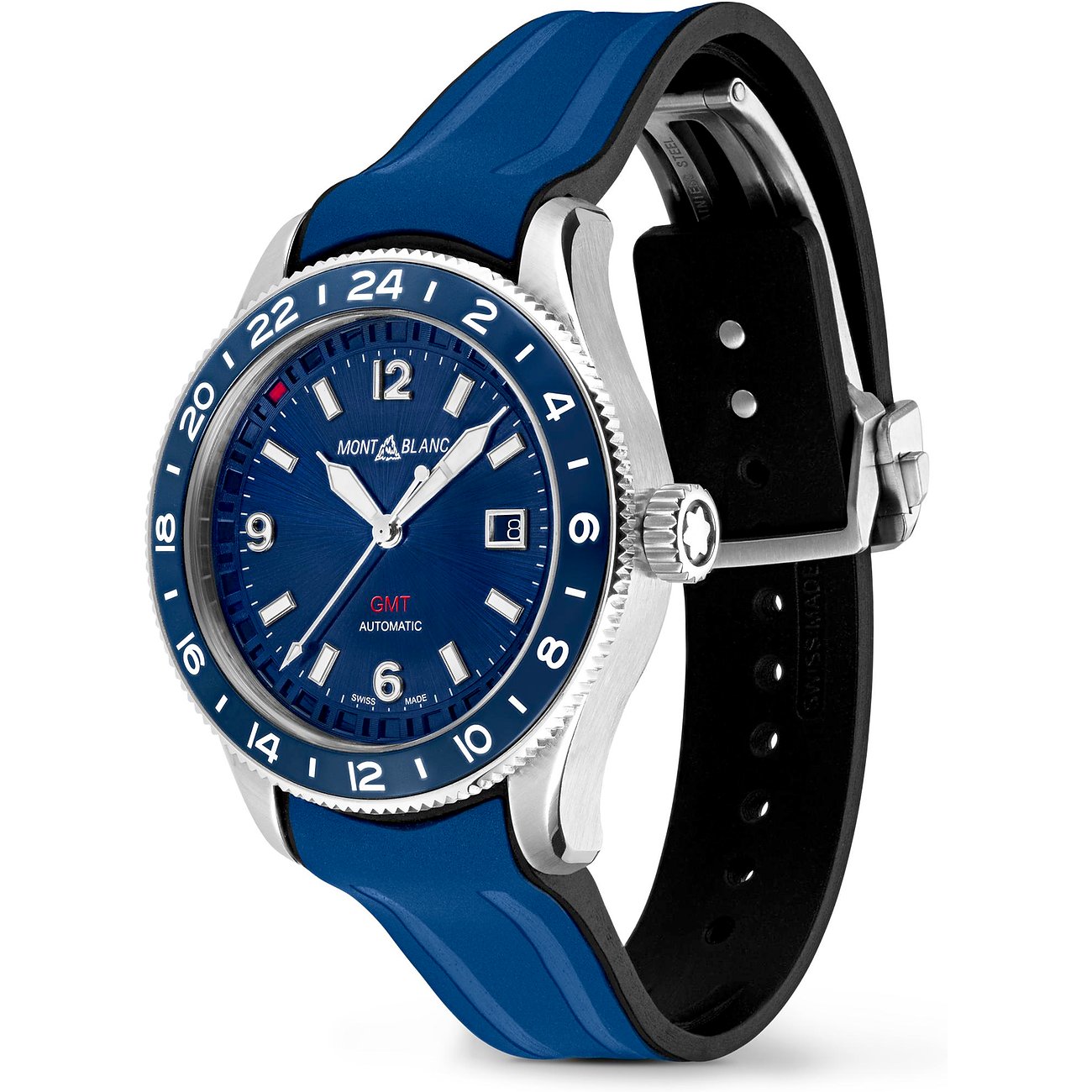 Montblanc Herrenuhr aus Edelstahl mit blauem Zifferblatt, weißen Zeigern/Indizes und blau-schwarzem Armband mit Stahlschließe.