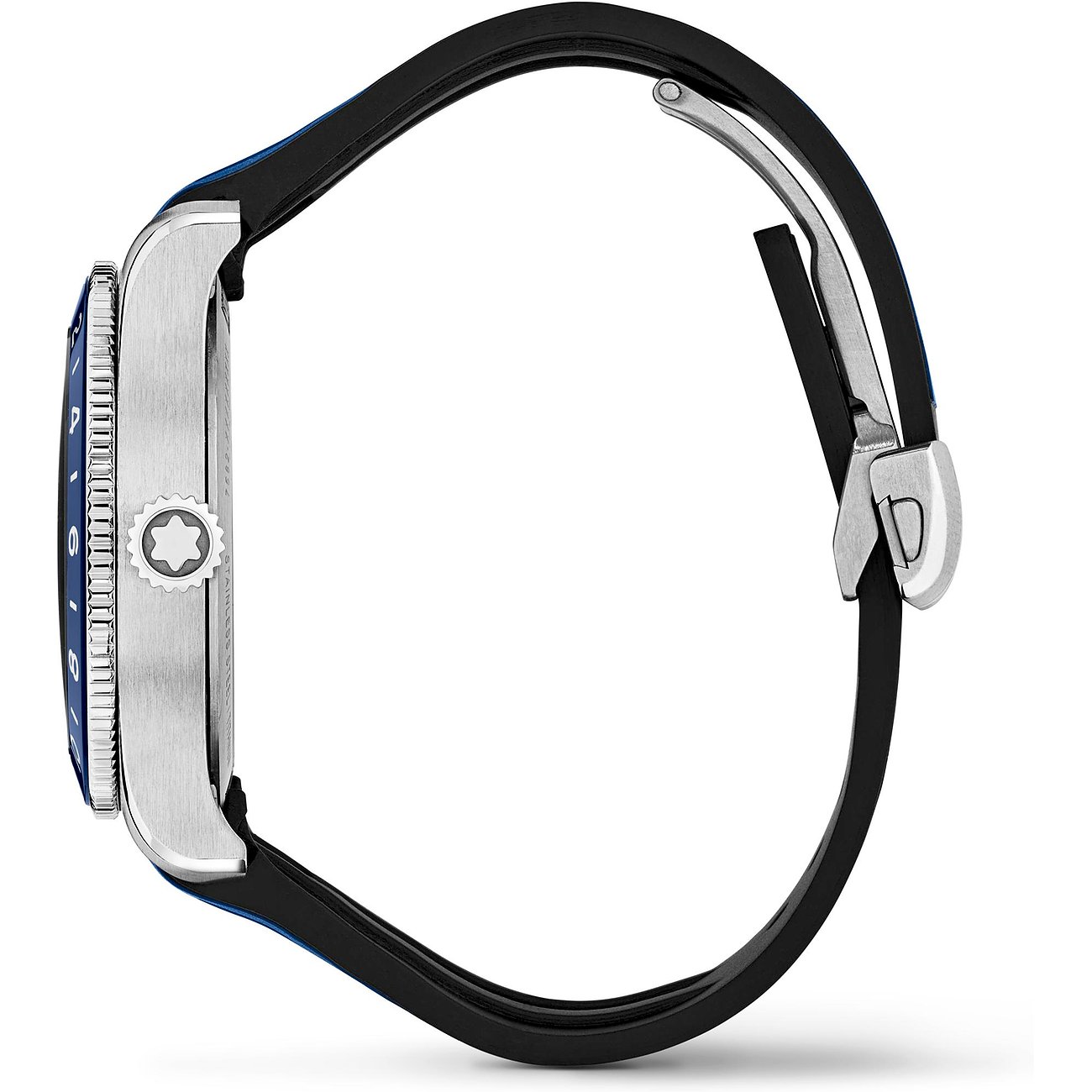 Seitenansicht einer Montblanc Herrenuhr aus Edelstahl mit blauer Lünette und schwarzem Gummiarmband.