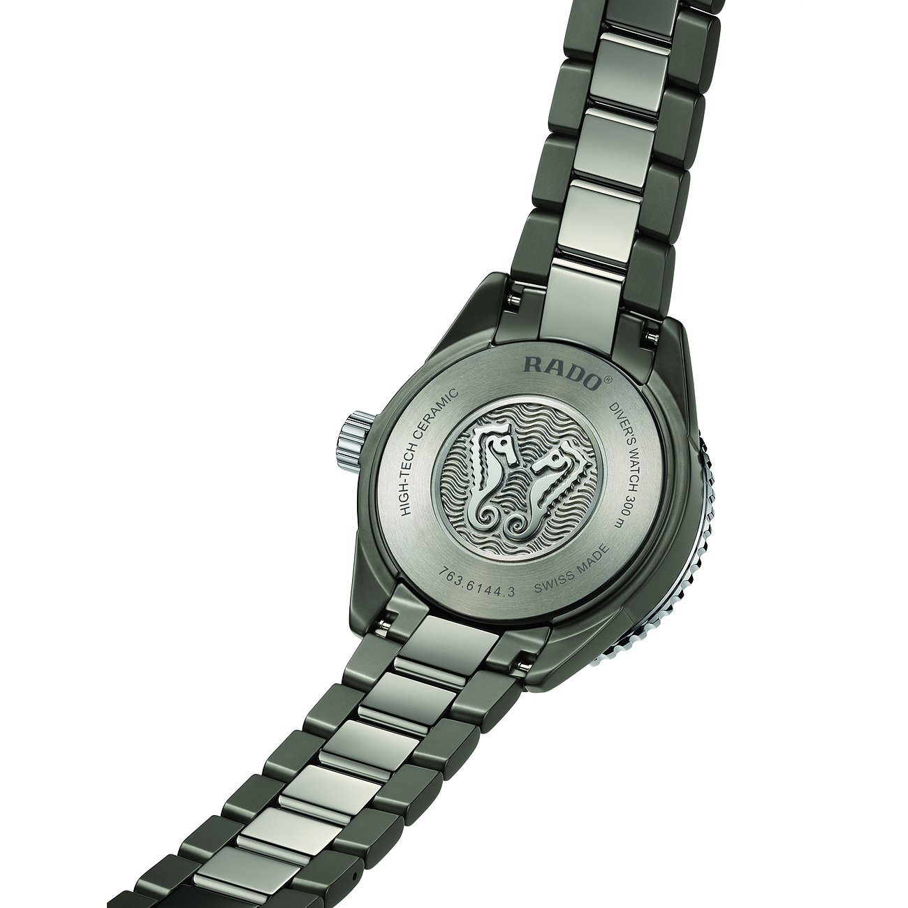 Rado Herrenuhr aus Keramik mit Seepferdchen-Gravur.