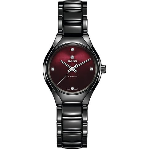 Rado Damenuhr aus Keramik mit Diamanten, analog, rotes Zifferblatt.