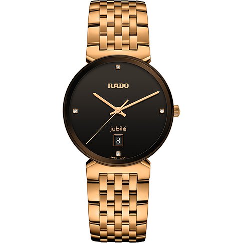 Rado Unisexuhr aus roségoldfarbenem Edelstahl mit Diamanten und schwarzem Zifferblatt.