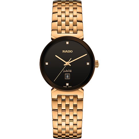Rado Damenuhr aus Edelstahl, roségoldfarben, mit Diamanten und schwarzem Zifferblatt.