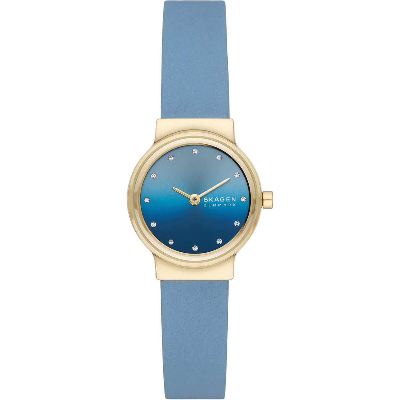 Orologio Skagen da donna in acciaio color oro, cinturino azzurro e quadrante blu con pietre chiare.