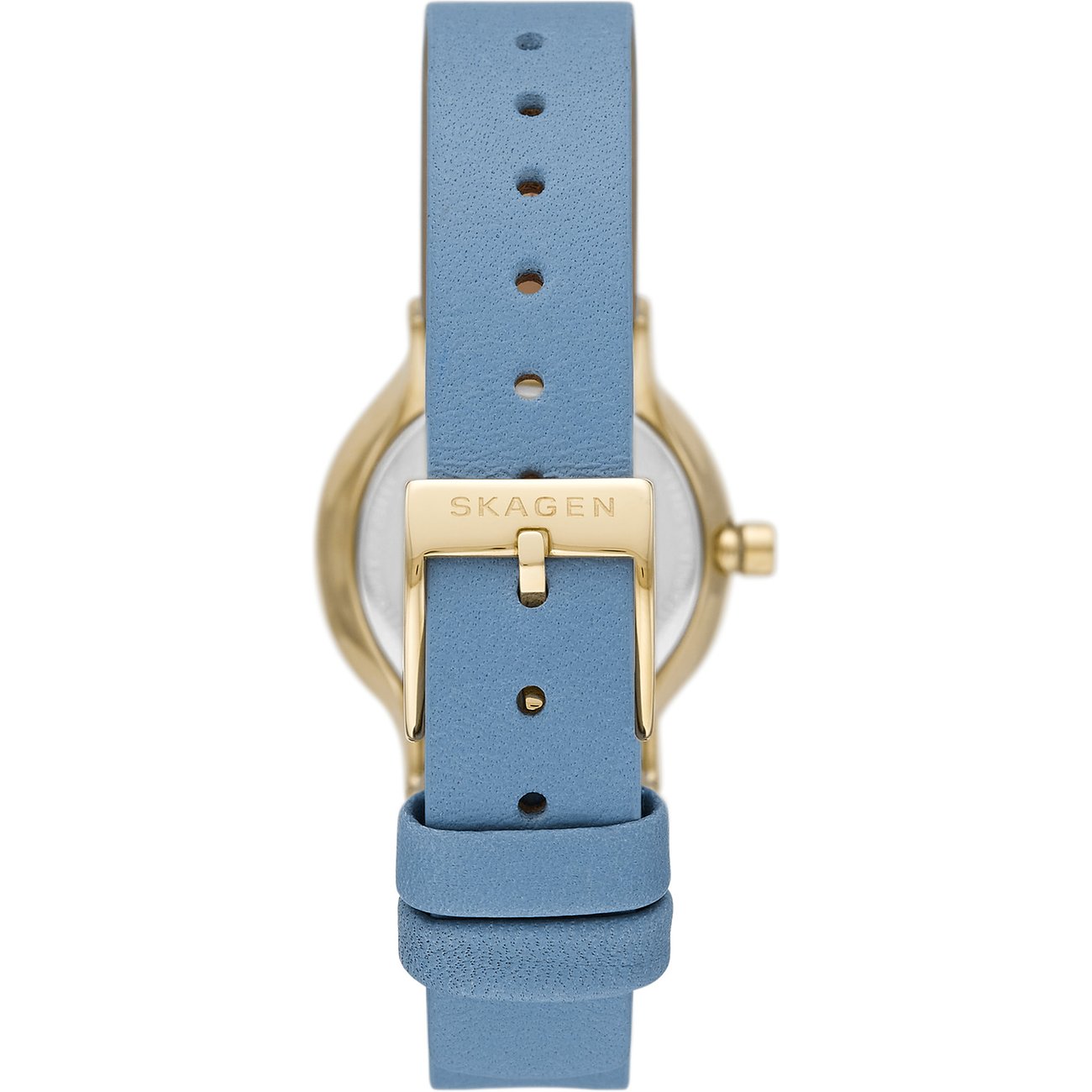 Vista posteriore di un orologio Skagen da donna in acciaio inossidabile color oro, cinturino azzurro e fibbia Skagen.