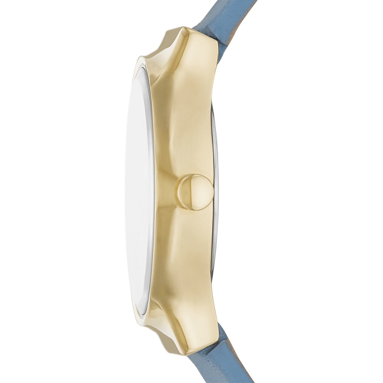 Vista laterale di un orologio da donna Skagen in acciaio inossidabile color oro con cinturino blu e quadrante bianco.