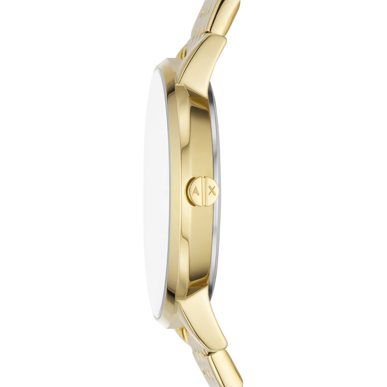 Sidovy av den gyllene Armani Exchange damklockan i rostfritt stål med vit urtavla och logotyp på kronan.