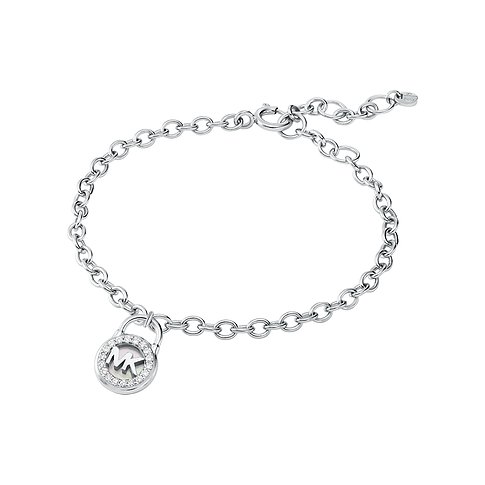 Bracciale Michael Kors in argento 925 con madreperla e pietre in chiusura rotonda, su sfondo bianco.