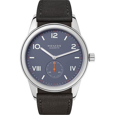 Nomos Glashütte Herrenuhr mit Edelstahlgehäuse, blauem Zifferblatt und kleinem Sekundenzeiger.