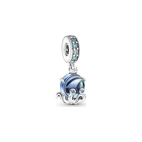 Pandora Anhängeschmuck aus 925er Silber mit blauem Glas und Kristallen.