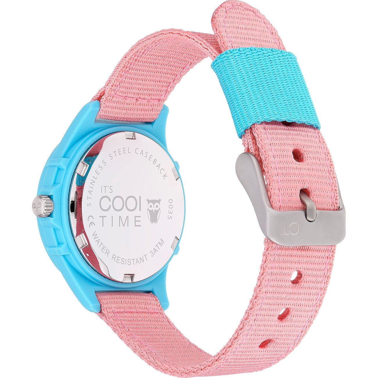 Baksida av en Cool Time Kids barnklocka i plast med rosa textilarmband och turkos hållare.