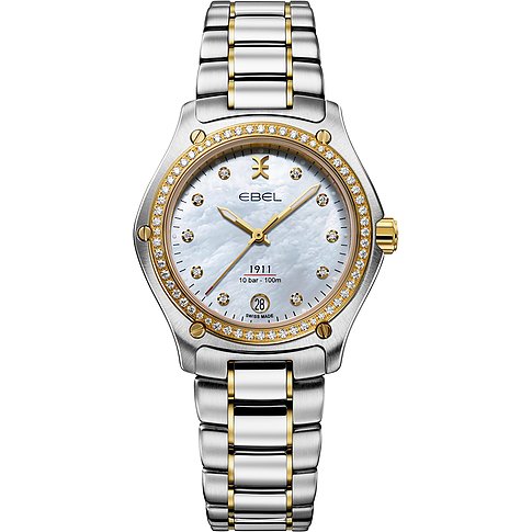 Ebel Uhr mit Edelstahlgehäuse, Gelbgoldakzenten und Diamanten.