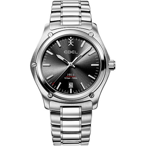 Ebel Herrenuhr mit Edelstahlgehäuse und grauem Zifferblatt.