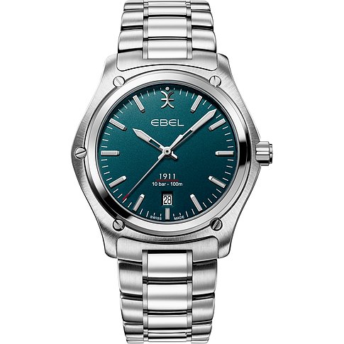 Ebel Herrenuhr mit Edelstahlgehäuse, analog, Datumsanzeige, blaues Zifferblatt.