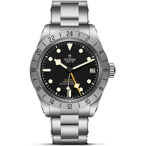 Tudor Unisexuhr mit Edelstahlgehäuse, schwarzem Zifferblatt und Datumsanzeige.