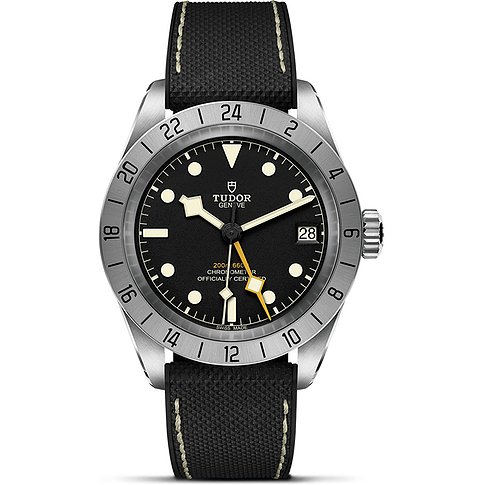 Tudor Unisexuhr mit Edelstahlgehäuse, schwarzem Zifferblatt und GMT-Funktion.