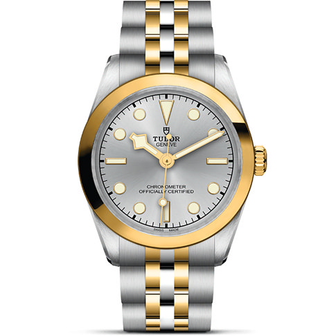 Tudor Damenuhr mit Edelstahlgehäuse und Gelbgold-Lünette, analog.
