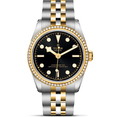 Tudor Damenuhr mit Edelstahlgehäuse, bicolor, mit Diamanten besetzter Lünette.