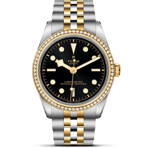 Tudor Damenuhr mit Edelstahlgehäuse, Gelbgold und Zirkonia-Lünette.
