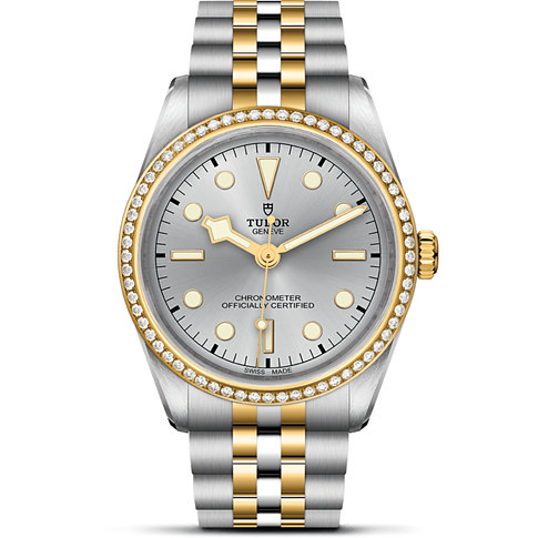 Tudor Damenuhr mit Edelstahlgehäuse, bicolor, mit Diamantlünette, analog.