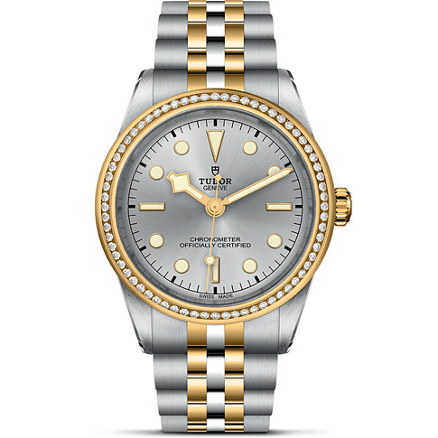 Tudor Unisexuhr mit Edelstahlgehäuse, bicolor, mit Diamanten besetzter Lünette.