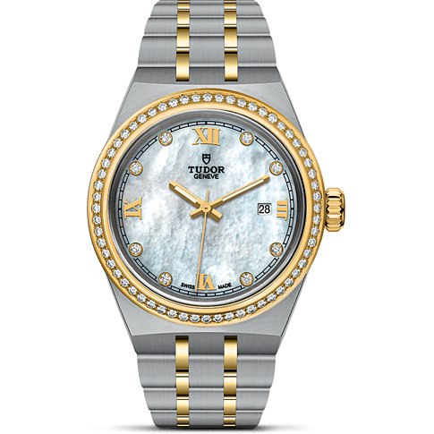Tudor Damenuhr mit Edelstahlgehäuse, Gelbgold und Diamanten, analog.