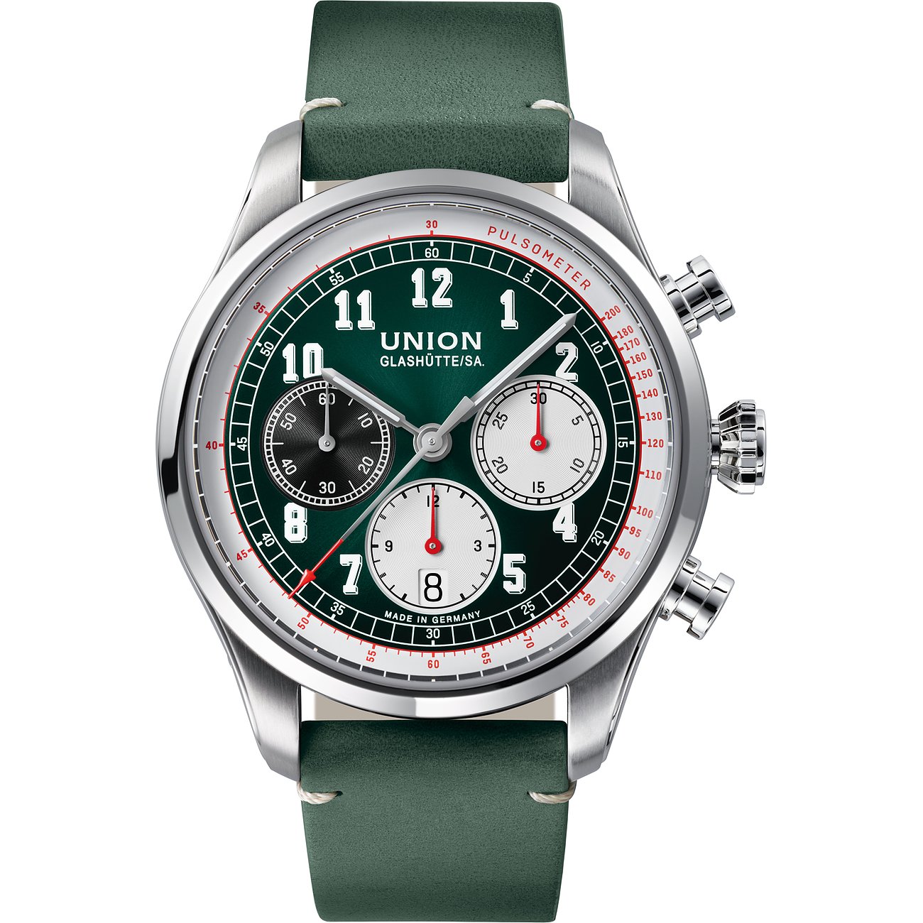 Union Glashütte Herrenuhr mit Edelstahlgehäuse, grünem Zifferblatt und analoger Anzeige.