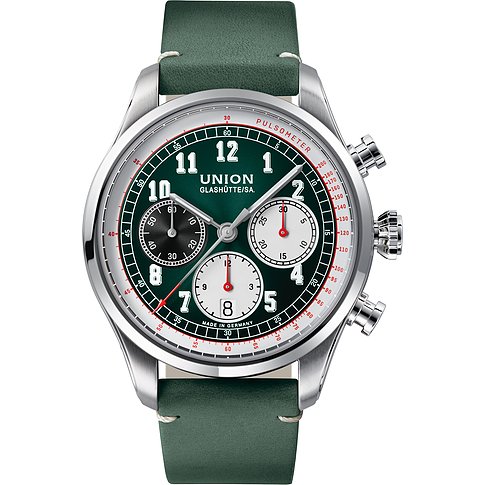 Union Glashütte Herrenuhr mit Edelstahlgehäuse, grünem Zifferblatt und analoger Anzeige.