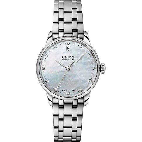 Union Glashütte Damenuhr mit Edelstahlgehäuse und Perlmuttzifferblatt mit Diamanten.