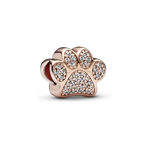 Pandora Anhängeschmuck aus roségoldfarbenem Metall mit Zirkonia besetzt.