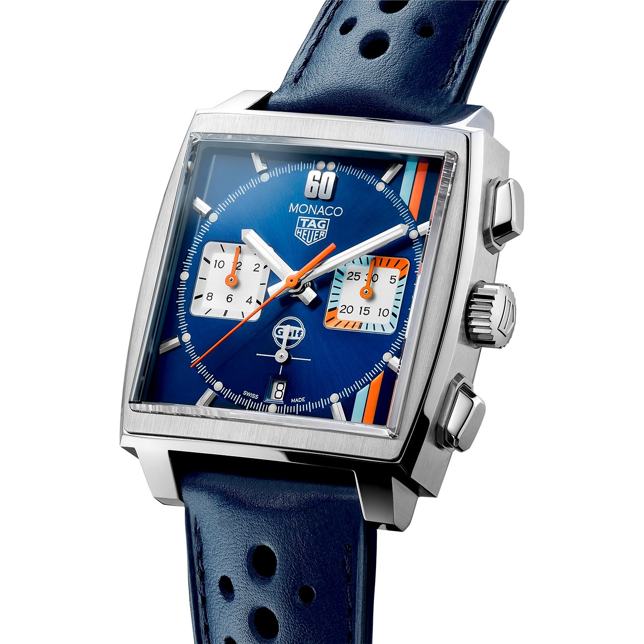 TAG Heuer Monaco Herrenuhr mit Edelstahlgehäuse, blauem Zifferblatt und Chronograph.