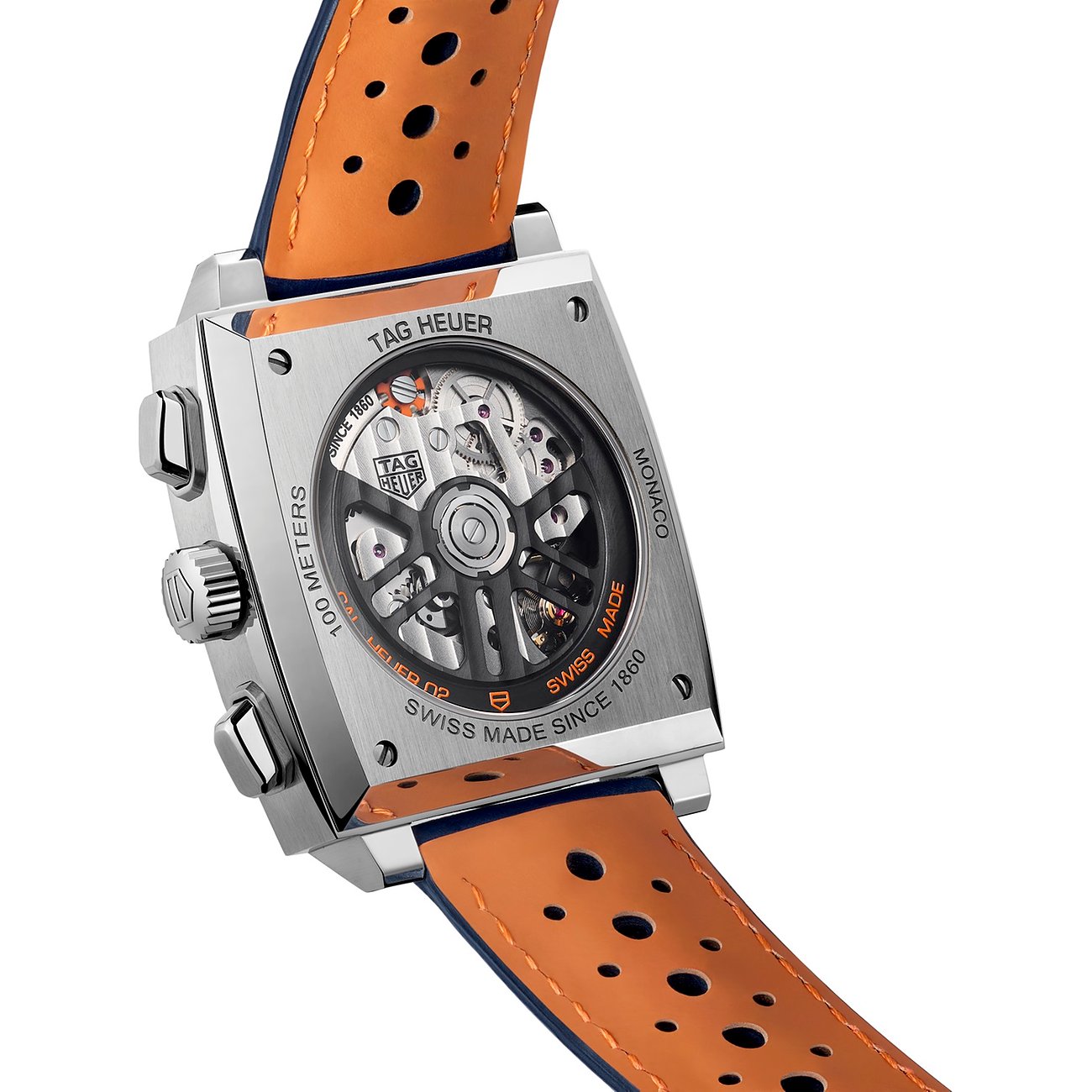 TAG Heuer Monaco Herrenuhr mit Edelstahlgehäuse und orangefarbenem Armband.