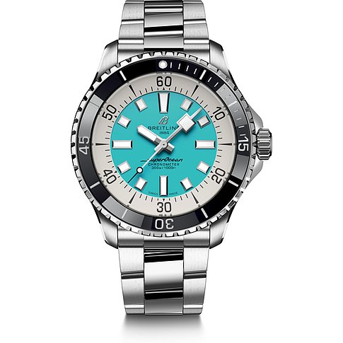 Breitling Herrenuhr aus Edelstahl mit leuchtend blauem Zifferblatt und weißer Lünette.